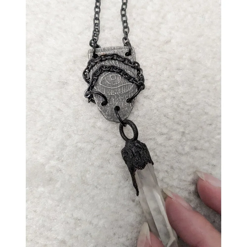 Raw Quartz Crystal Point Evil Eye Protective Talisman Necklace - Witchy, Gothic - Picture 5 of 7